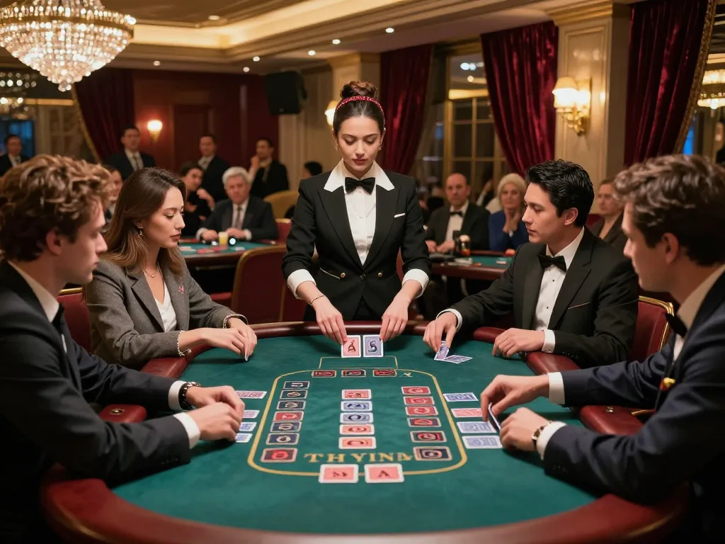 Players strategizing at a blackjack table in a luxury casino while enjoying an intense moment of gameplay with gmnc.