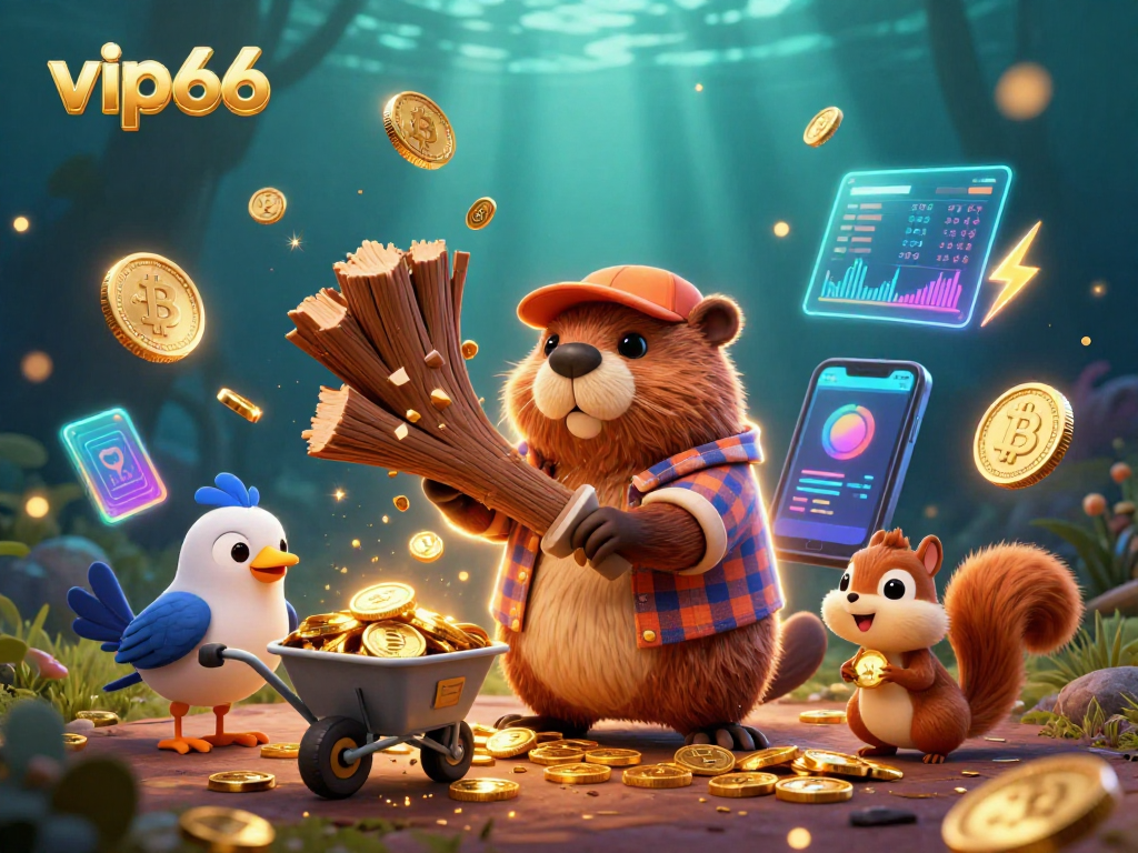 Witness the excitement of vip66 as a cartoon beaver collects golden coins in a vibrant casino scene.