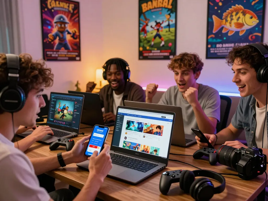 Friends excitedly exploring the tải hitclub gaming app on diverse devices in a vibrant online gaming setup.