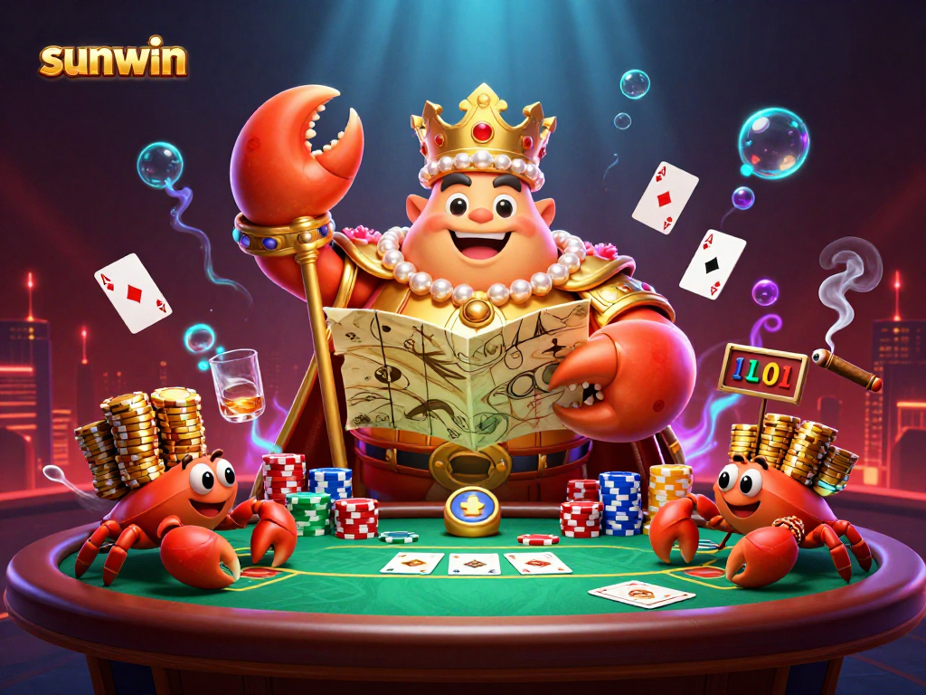 Experience excitement at the sunwin casino with golden crab emperor amidst vibrant poker action.