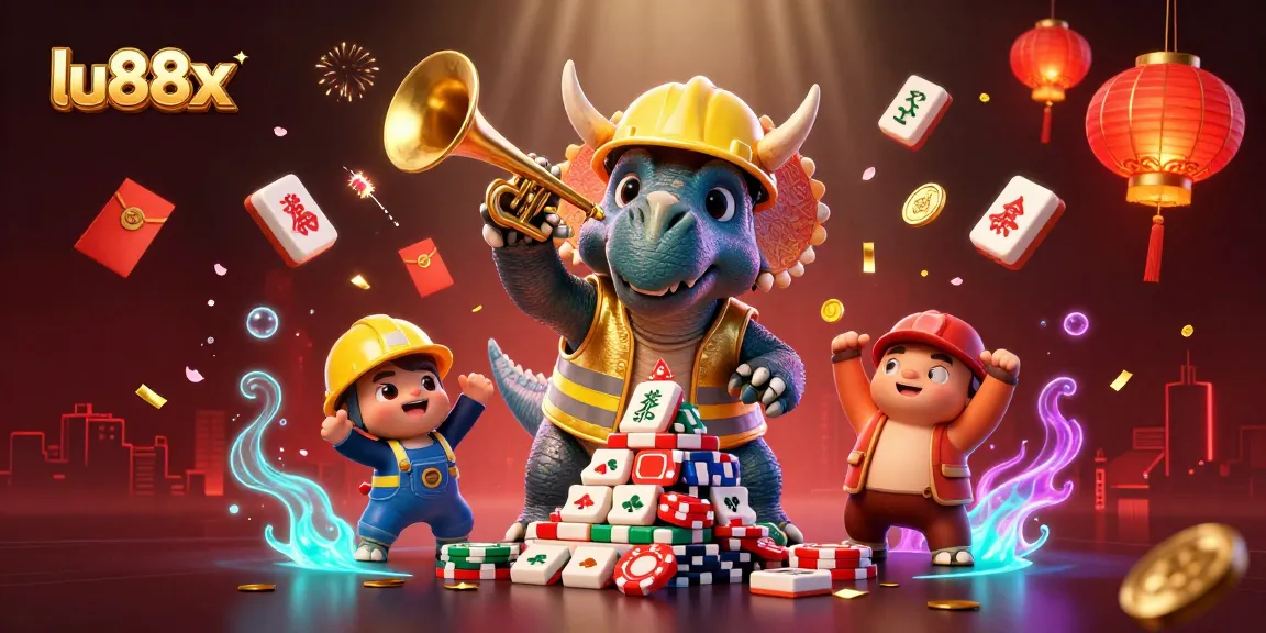 lu88x casino excitement as a triceratops builds poker chip pyramid with festive elements