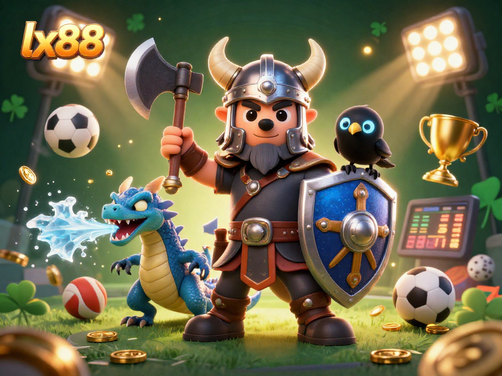 Bettors engaging with lx88 in a dynamic casino-themed illustration featuring a Viking warrior and dragon.