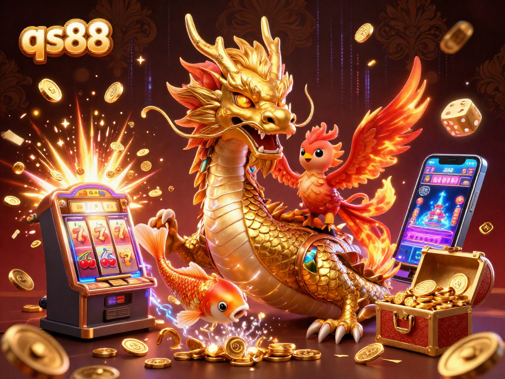 Experience thrilling qs88 gameplay featuring a fierce dragon, phoenix, and koi fish amidst exploding jackpots.
