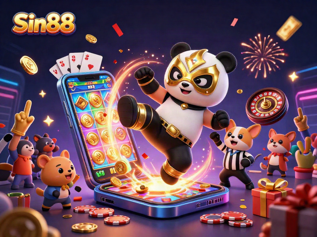 Experience Sin88 with excitement as a panda wrestler kicks against a festive casino backdrop.