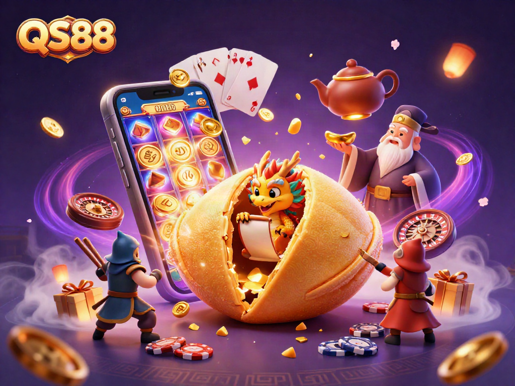 Engage with QS88's vibrant casino scene featuring a golden fortune cookie and gaming elements.