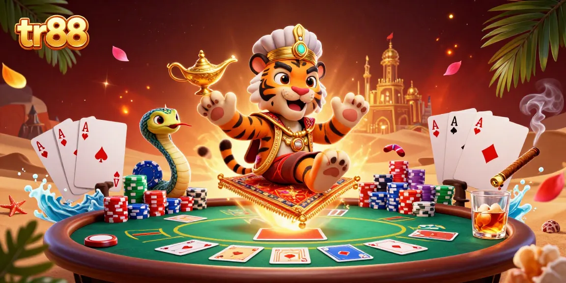Spin to win big with tr88's vibrant 3D casino scene featuring a cheerful tiger sultan.