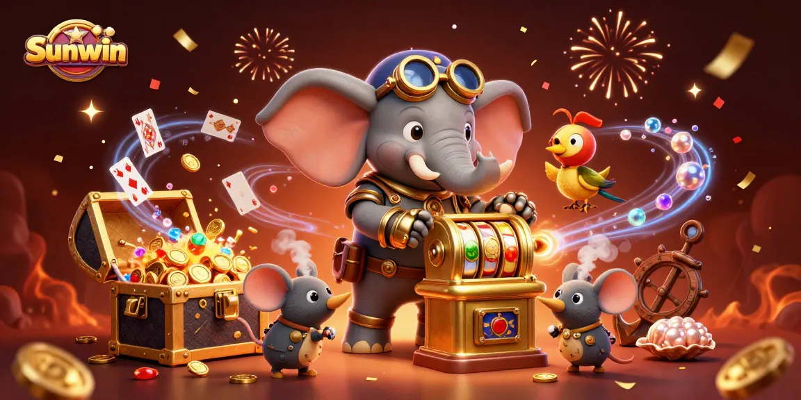 Exciting gaming scene showcasing Sunwin's unique features with a steampunk elephant and golden slot machine.
