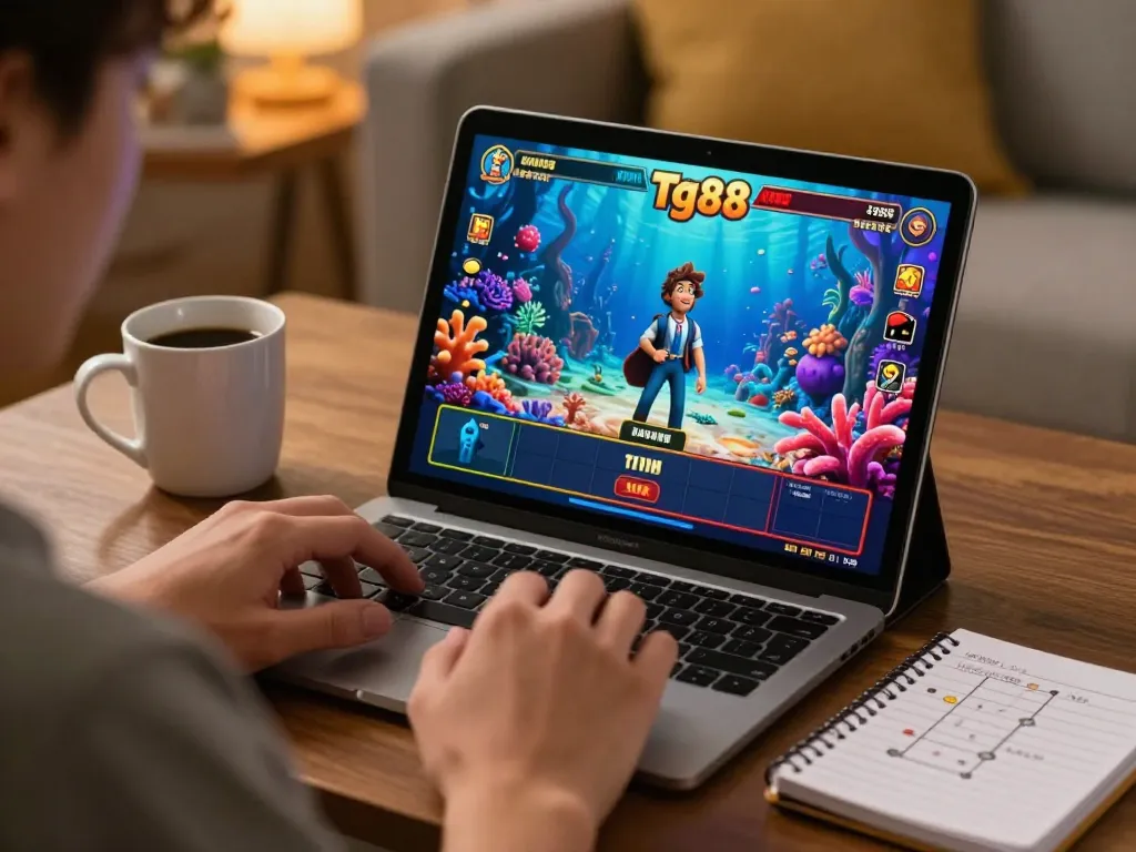 Player enjoying live dealer game with ambient tg88 gaming visuals and strategic notes.