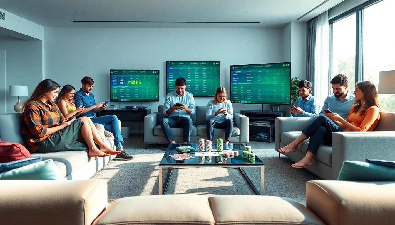 S666.nyc - Engaging scene of diverse players enjoying online betting on various devices in a modern living room.