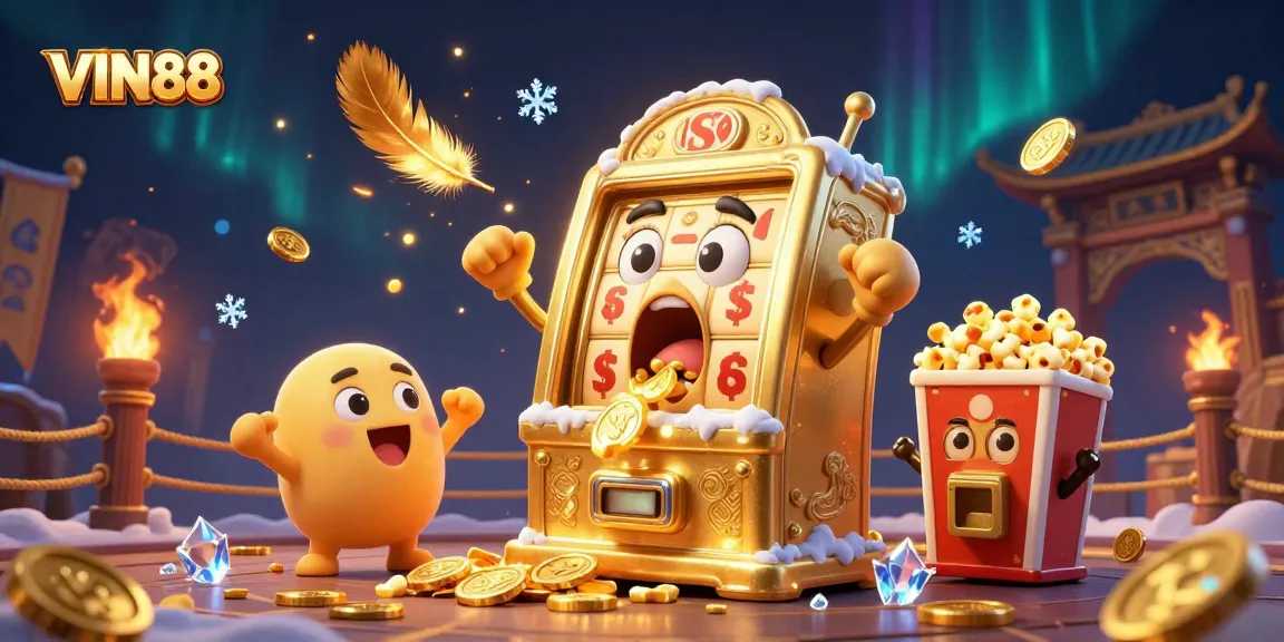 VIN88 celebrates a jackpot win with a cartoon golden slot machine and cheering baby slots in a lively casino scene.