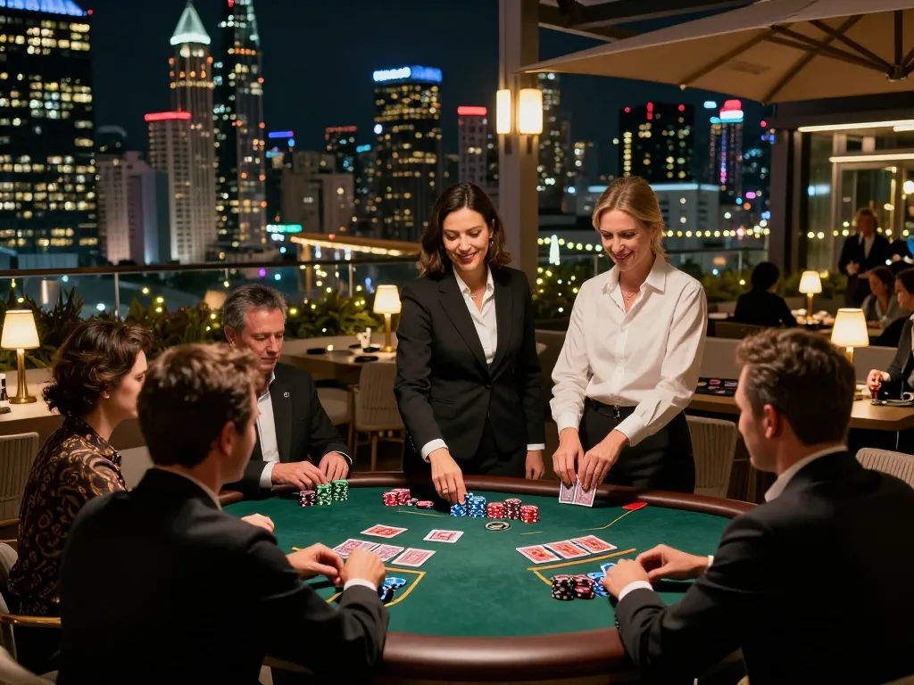 Players enjoying a game of blackjack at a stylish terrace casino, featuring the DA88 atmosphere of luxury.