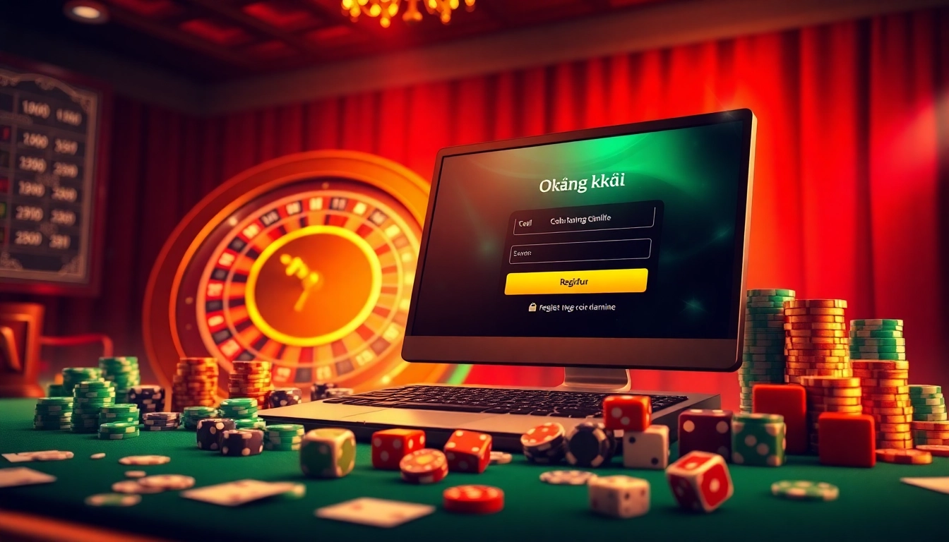 Experience the excitement of okfun đăng ký with a vibrant online casino setup featuring poker chips and cards.