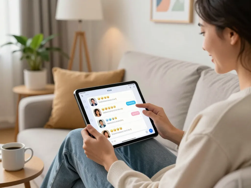 Enjoying interactive nsfw chat ai experience on a stylish tablet in a cozy living room.