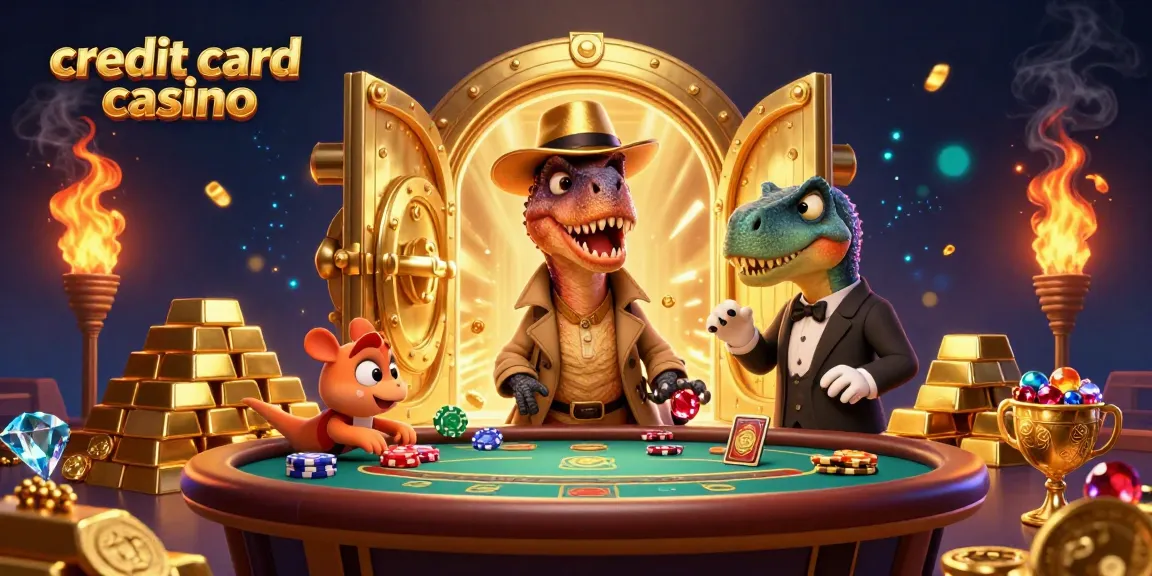 Play exciting games at a vibrant credit card casino while a cartoon velociraptor sneaks chips.