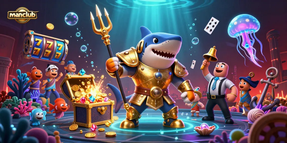 Engage with Manclub's thrilling underwater casino experience amidst vibrant treasures and lively characters.
