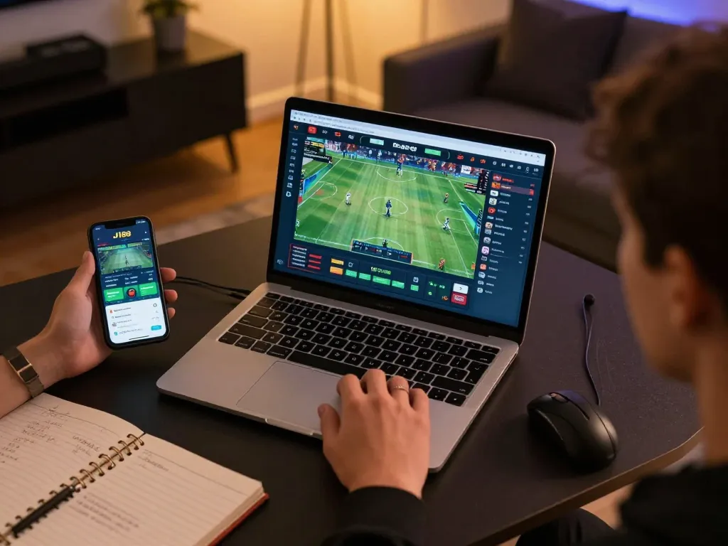 Engaging in online betting at J188 trang chủ with live sports events displayed on laptop