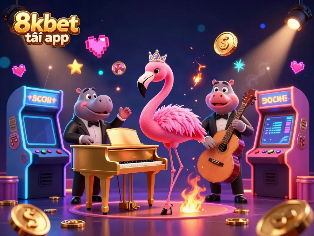 Play exciting games on 8xbet tải app with a vibrant casino scene featuring colorful characters and arcade machines.