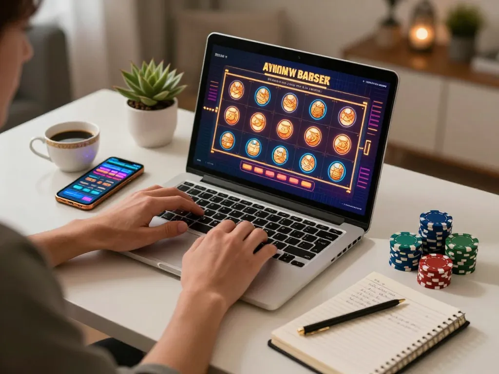Engaging online gambling experience with BET 168 slot game on laptop in cozy home setting