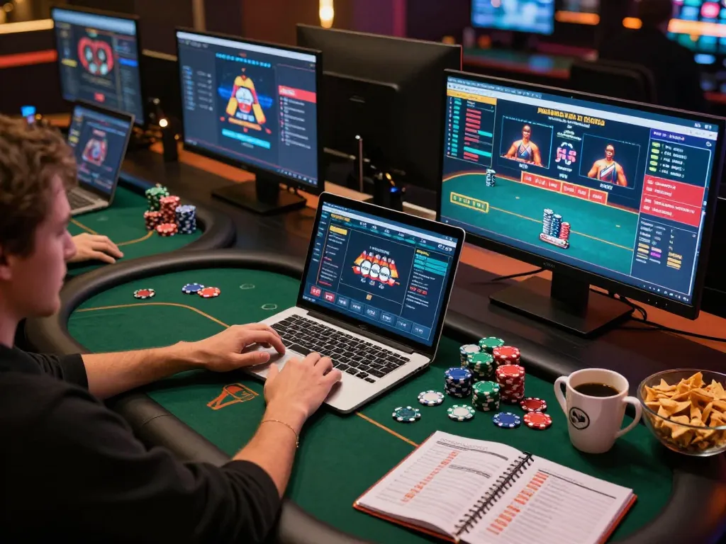 Player using laptop for sunwin online casino gameplay, surrounded by poker chips and strategy notes.