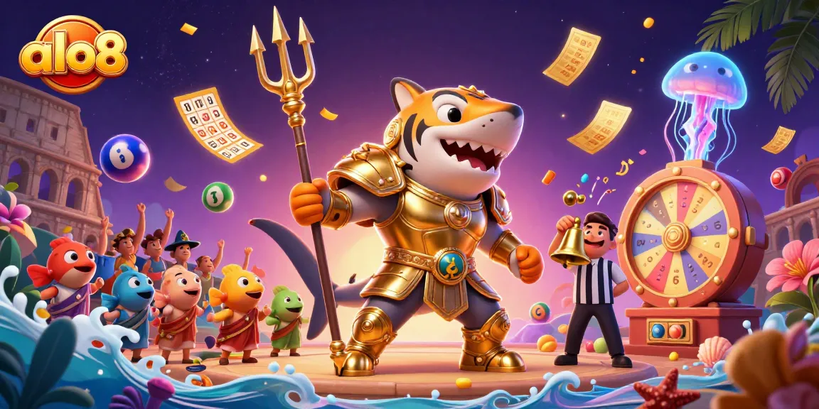 Win big at alo8 with vibrant 3D casino action featuring a shark and colorful lottery elements.