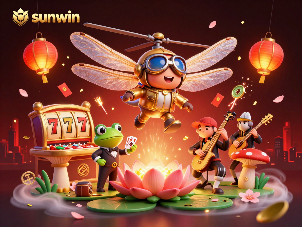 Experience winning thrills at sunwin with a vibrant 3D casino scene featuring a dragonfly pilot and more!