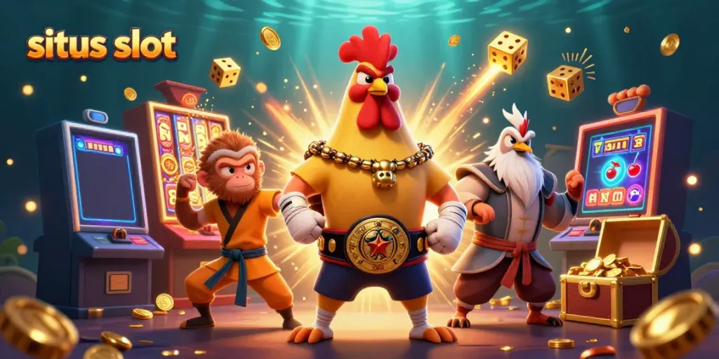 Engage with the vibrant action of situs slot featuring characters celebrating jackpots and casino excitement.