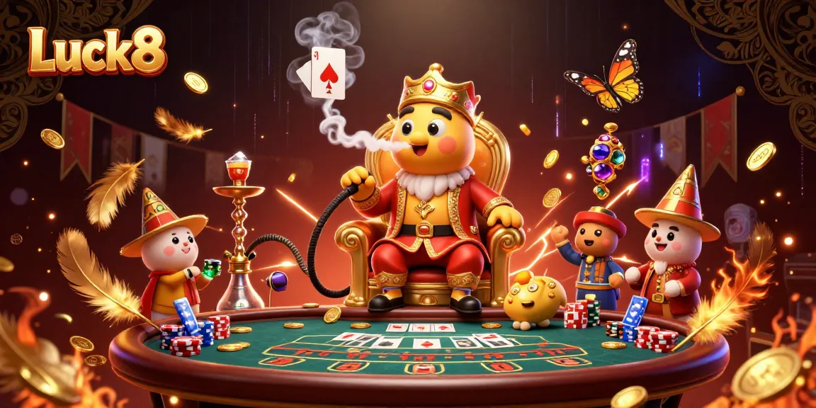 Experience the excitement of Luck8 with captivating illustrations of poker and Baccarat tables surrounded by vibrant casino elements.