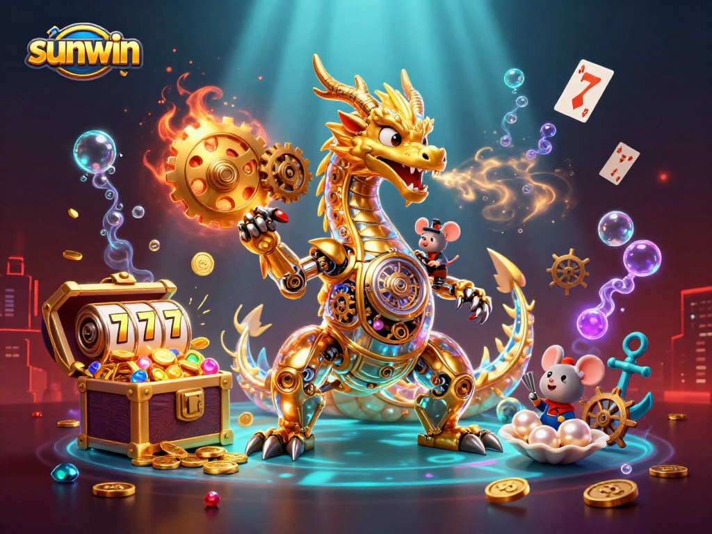 Experience the thrill of sunwin with vibrant casino elements and a dynamic dragon scene.