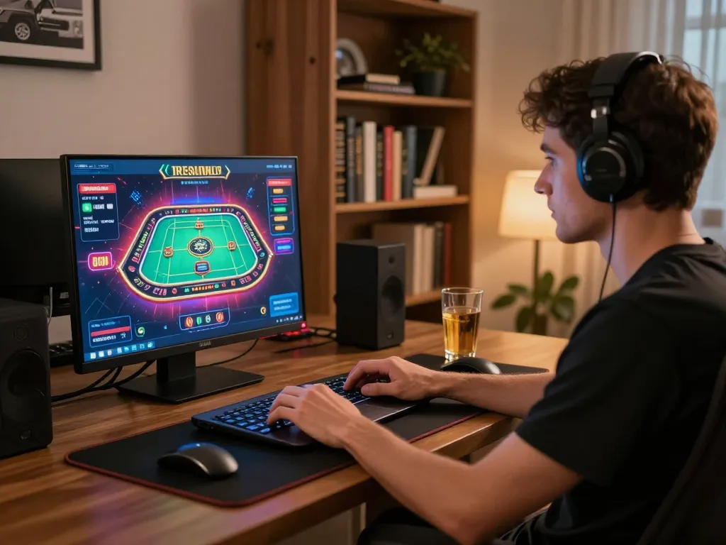 Engaging online gaming scene with a player at home using ok8386 platform for casino games.