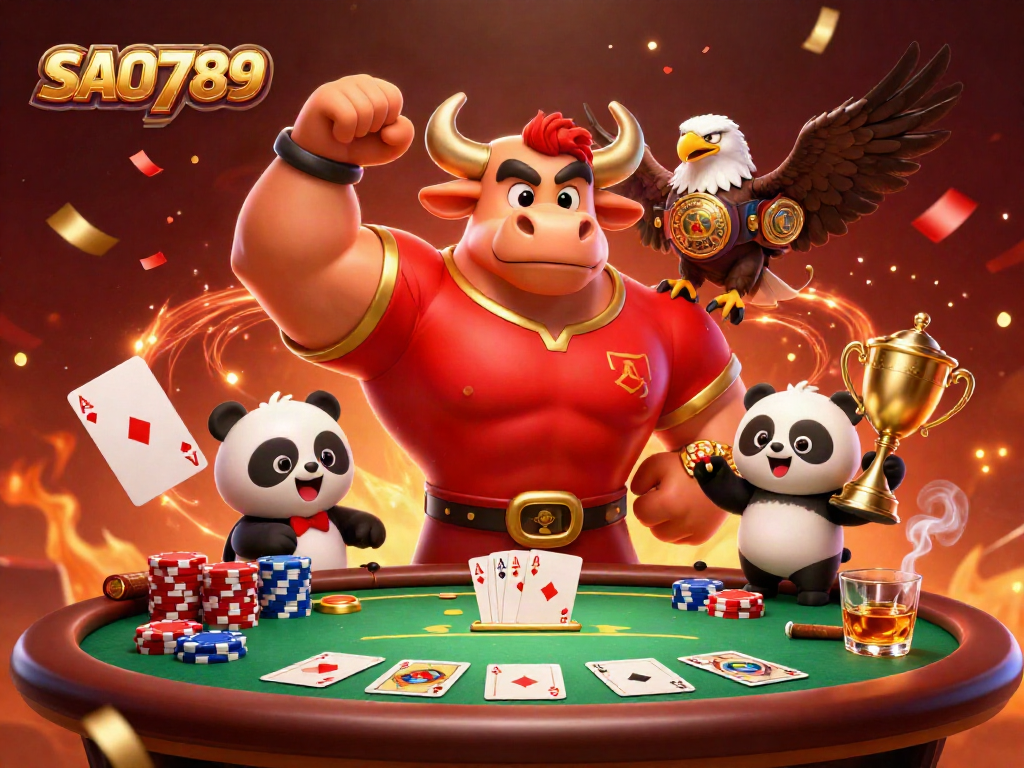 SAO789 showcases an exciting victory scene with a bull, eagle, and panda celebrating gambling wins.
