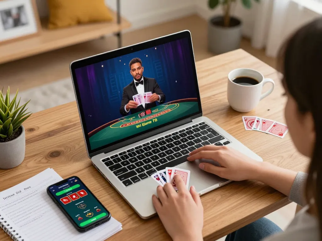 Engaging in live dealer blackjack at https://nk88.boo/ on a sleek laptop in a cozy home office.