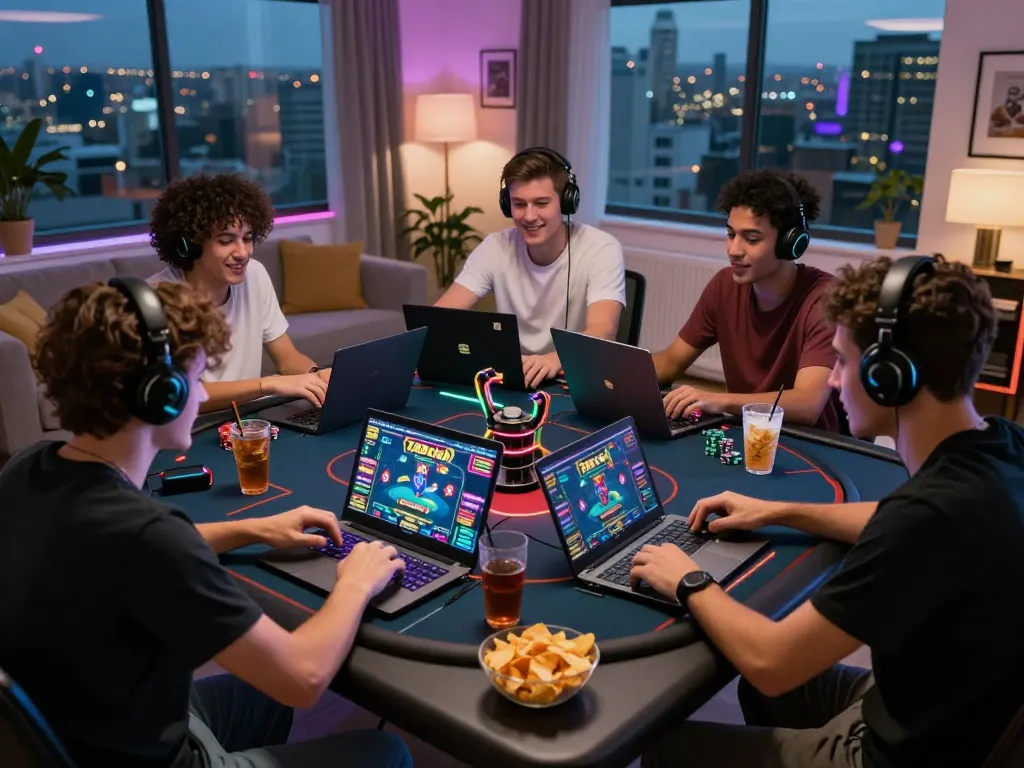 Friends enjoying a thrilling gaming session on 789club's online poker platform with vibrant graphics and snacks.