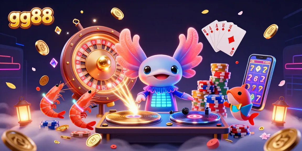 Spin to win at gg88 with a neon axolotl DJ, surrounded by sparkling gems and dynamic game elements.