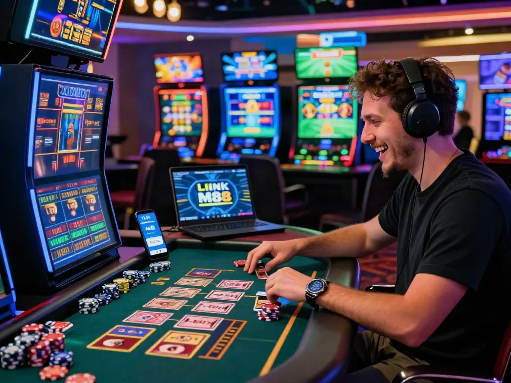 Player engaged with online games at Link M88 with vibrant casino ambiance.