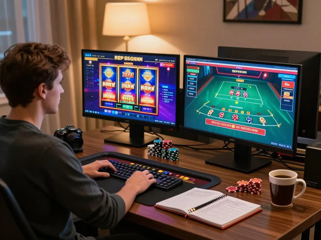 Engaging home gaming session with va88 slot machine and live dealer blackjack setup, showcasing a cozy online gambling environment.