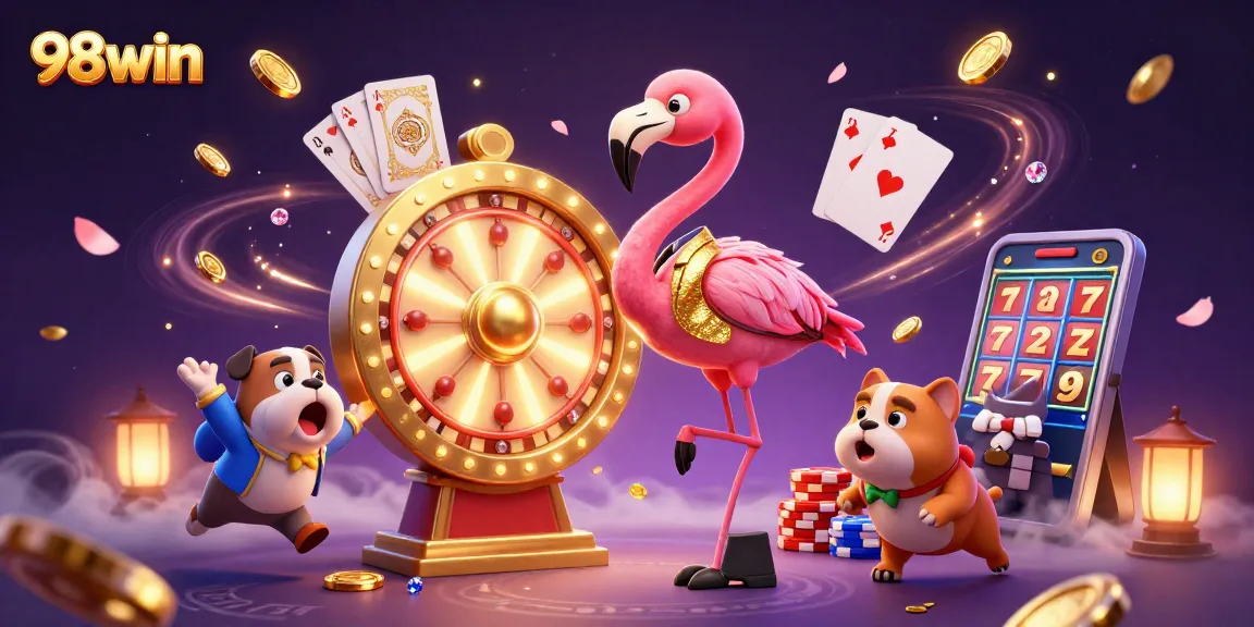 98win's exciting casino theme illustrated with dynamic characters and vibrant game elements