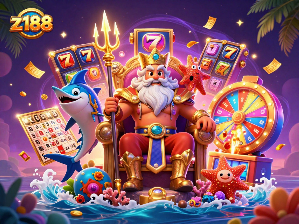 Join the excitement at z188 with Neptune and friends in this vibrant casino scene filled with fortune!