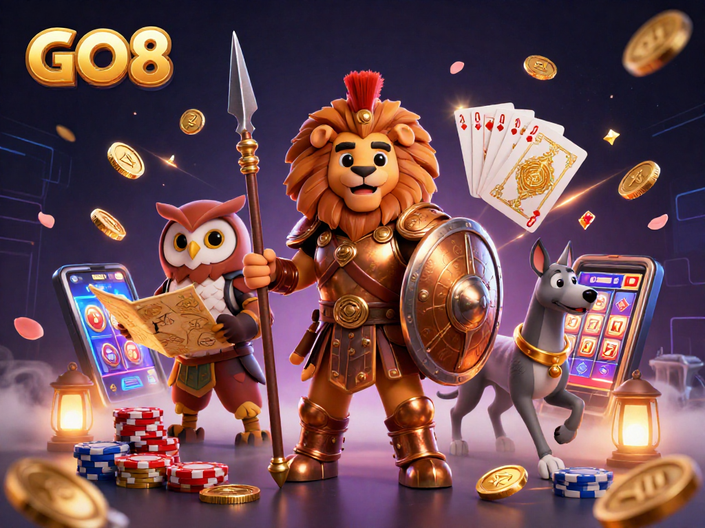 Experience thrilling adventures at GO8 with 3D gaming elements like golden coins and vibrant slot machines.