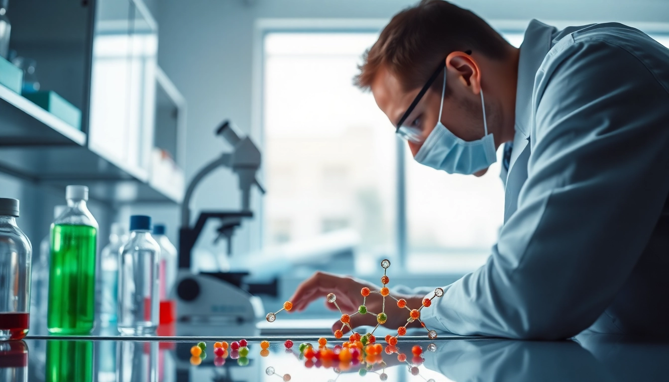 Investigating peptides under a microscope in a bright laboratory environment.