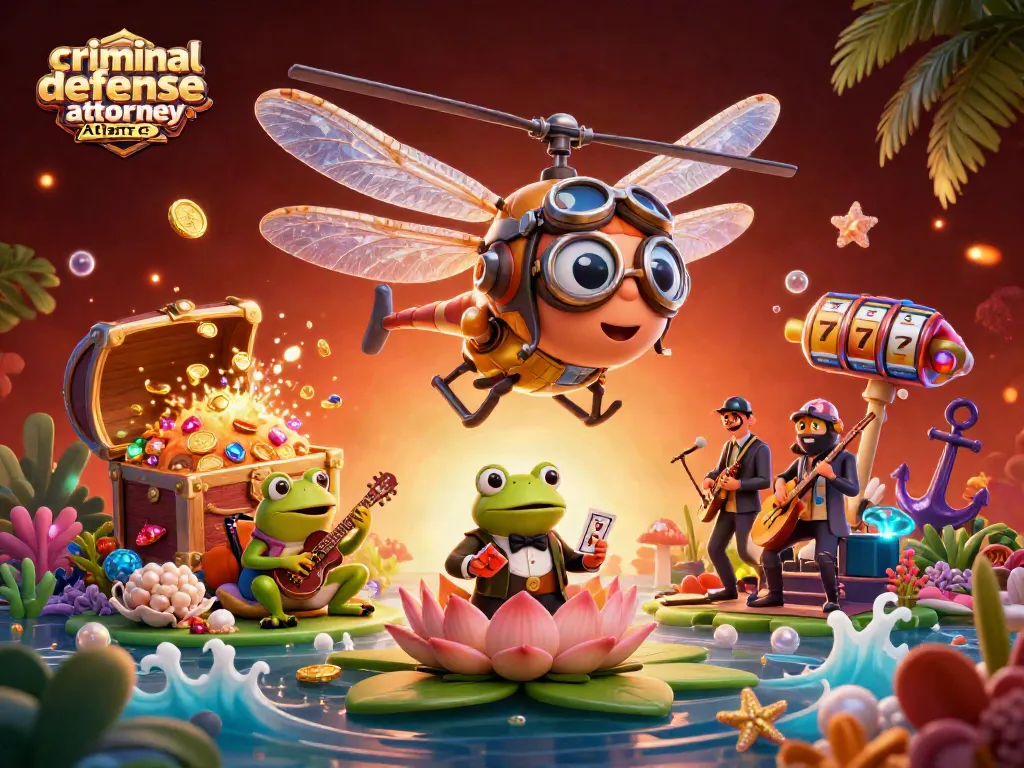 Engaging casino scene with a 3D cartoon dragonfly helicopter pilot and frog croupier, showcasing the criminal defense attorney Atlanta GA