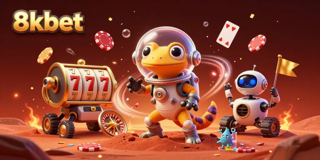Join the adventure at 8xbet in this vibrant Martian casino scene filled with thrills and excitement.