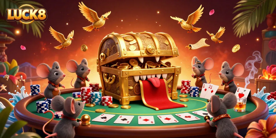 Experience LUCK8 thrills with a vibrant casino scene, showcasing poker elements and sparkling treasures.