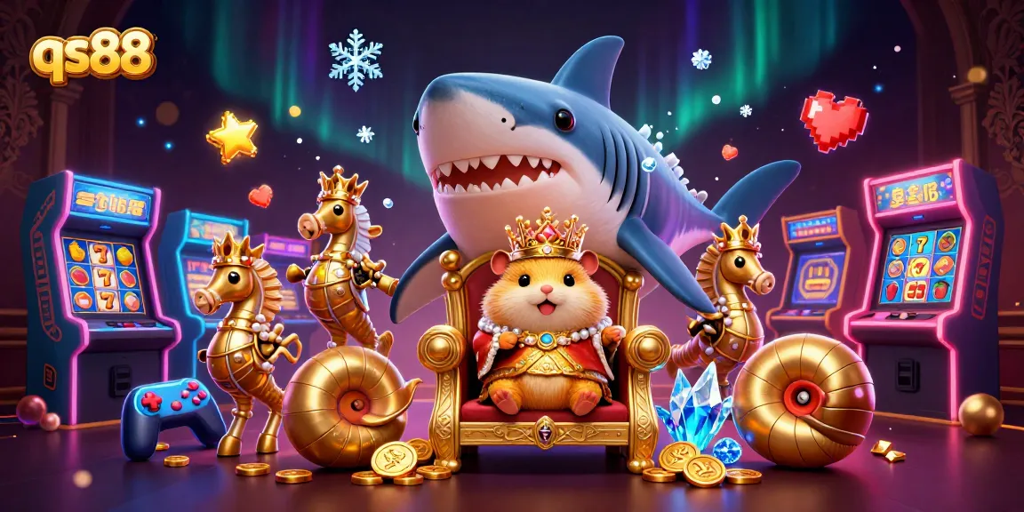 qs88 dramatic casino scene featuring a golden hamster king on a megalodon throne, surrounded by slot machines.