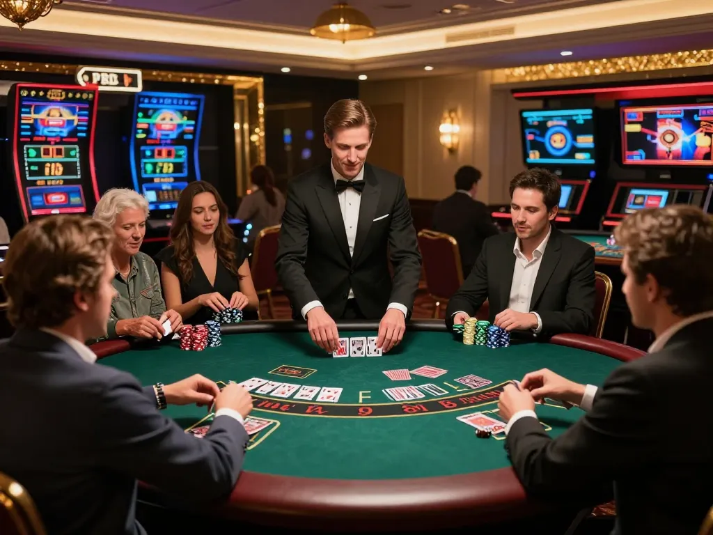 luck8 players celebrating wins at blackjack table in an upscale online casino.