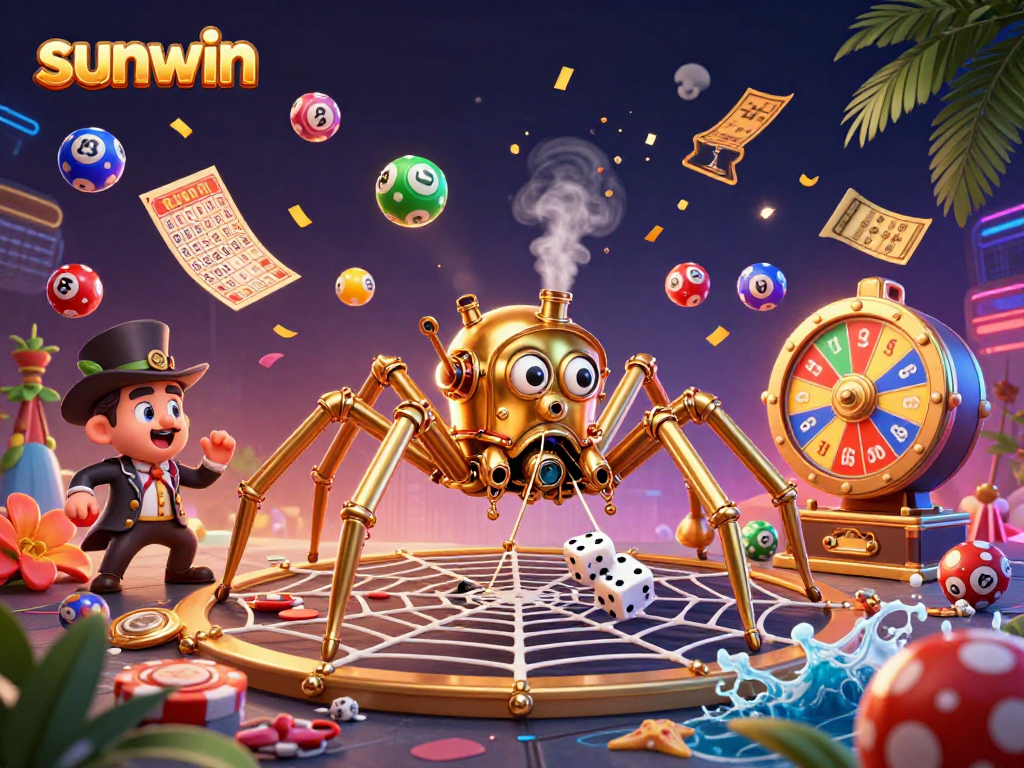 Win big with sunwin in this vibrant lottery and bingo scene featuring colorful elements and charming characters.