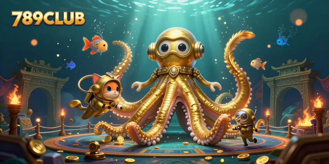 Win exciting prizes at 789CLUB with a vibrant scene featuring a kraken and deep-sea treasures.
