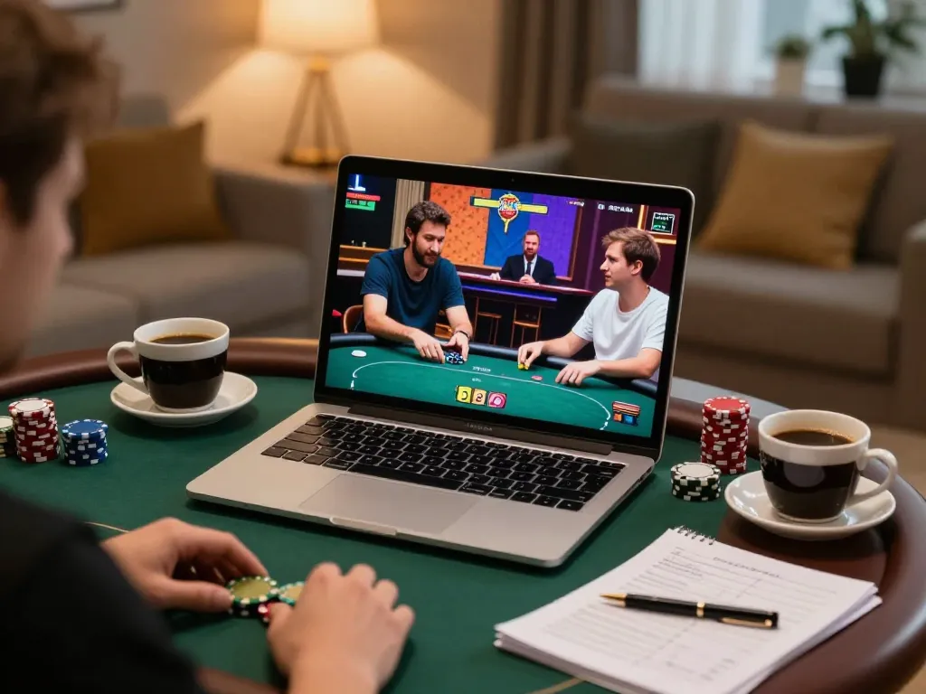 Players engaging in poker on NOHU90 COM from a cozy home setting, highlighting strategic gameplay.
