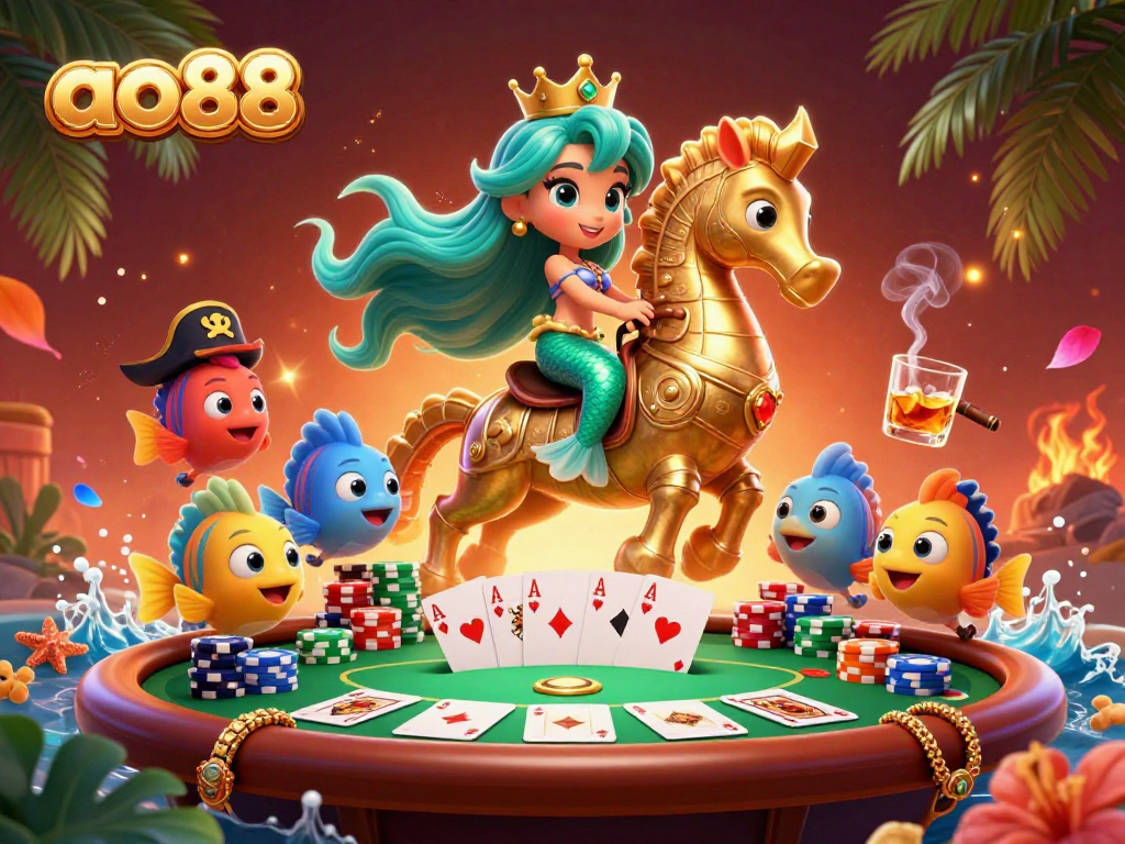 Join the fun at ao88 with a colorful mermaid-themed poker illustration featuring casino elements.