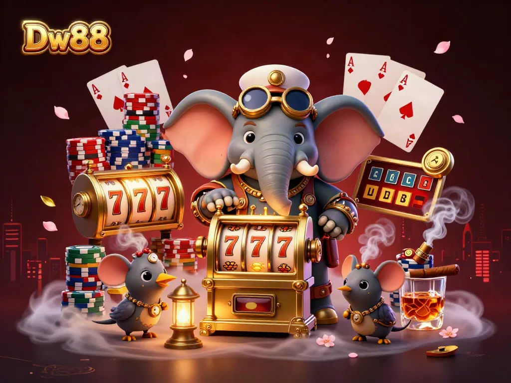 Dw88 showcases a vibrant steampunk elephant operating a golden slot machine amidst colorful casino elements.