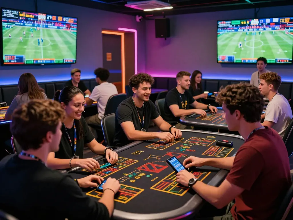 Rikbet betting action with friends enjoying live sports in a modern lounge.